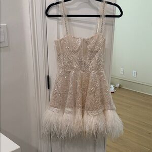 Bronx and Banco Cream Mini Dress with Feather Detail